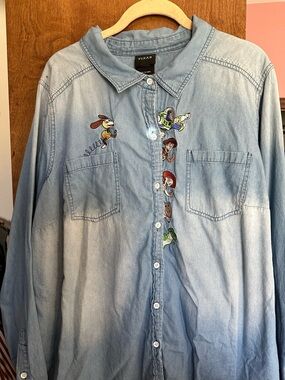 Torrid Light Blue Denim Button-Down Shirt with Toy Story Embroidery